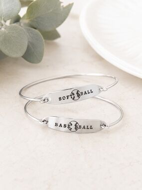 Silver Softball Engraved Bangle Bracelet